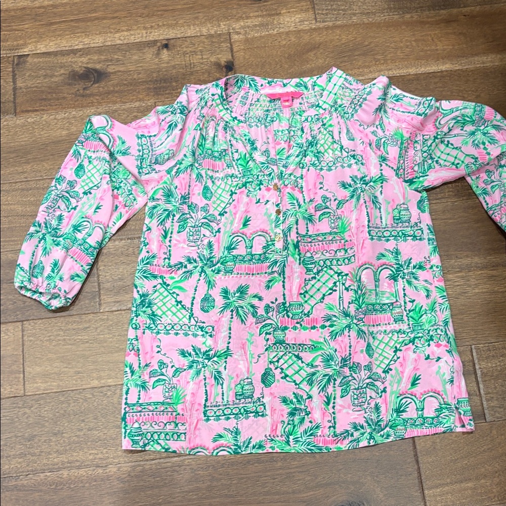 Lilly Pulitzer Pink and Green Palm-Print Blouse